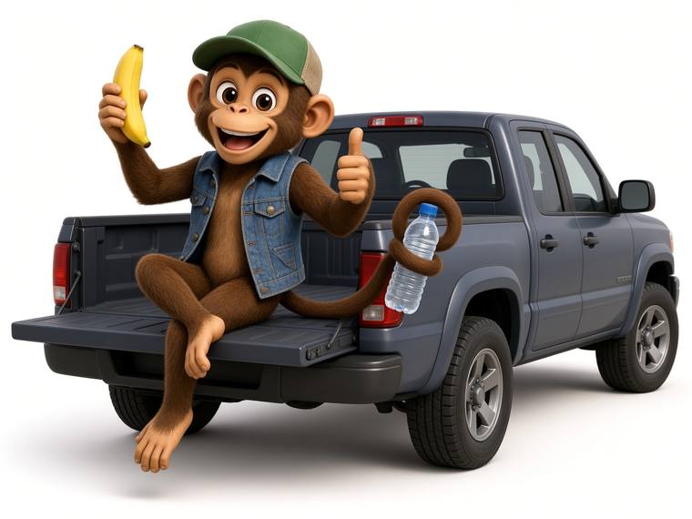 Ricky the Road Fuel spider monkey riding on a pickup tailgate